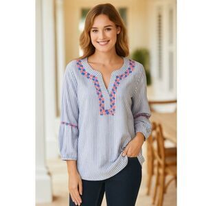 Vineyard Vines Savannah Popover Top Blue Striped Embroidered Womens Size M